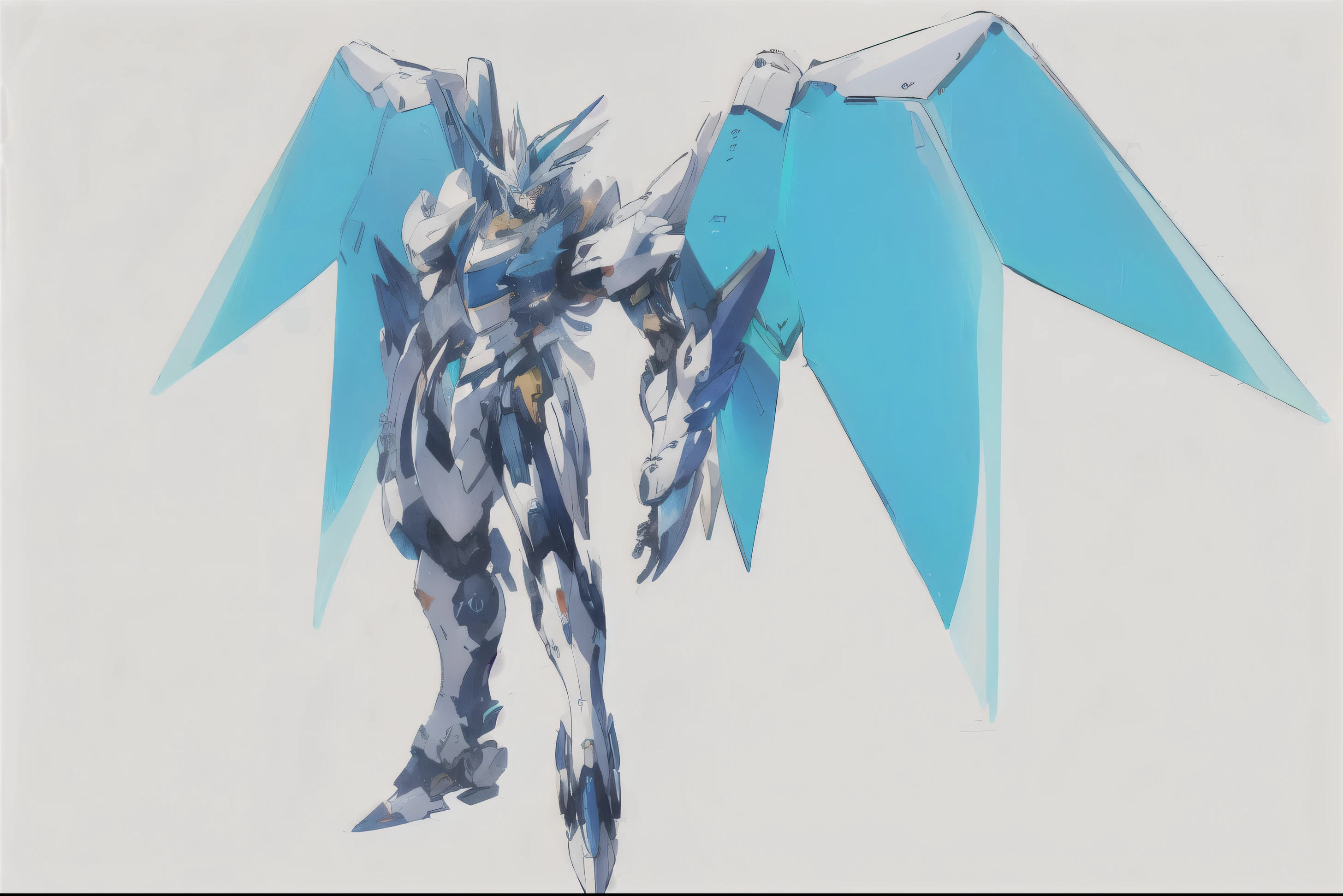 a closeup of a robot with wings on a white background, Omegamon concept art, wing mechas, a big anime mecha robot, robotic anime mixed with organic, Modern mecha anime, mecha anime, pterodactyl mecha, Ala cyborg, gundam style wing armor, cool wick style, this character has cryokinesis, animated robots