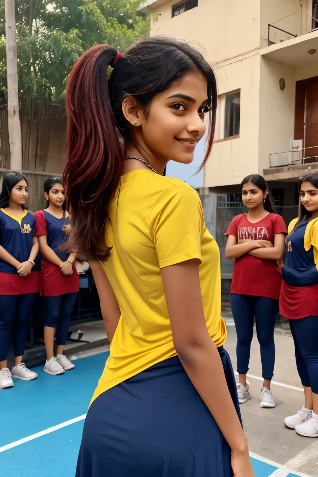 One Indian girl, slim, yellow house tshirt with navy blue colour lower, pont tail hairs, reddish shine in hairs, background  red marbal hostal buiding besides basketball court, many girls of same dress in background, smiling, all students are lined up, 