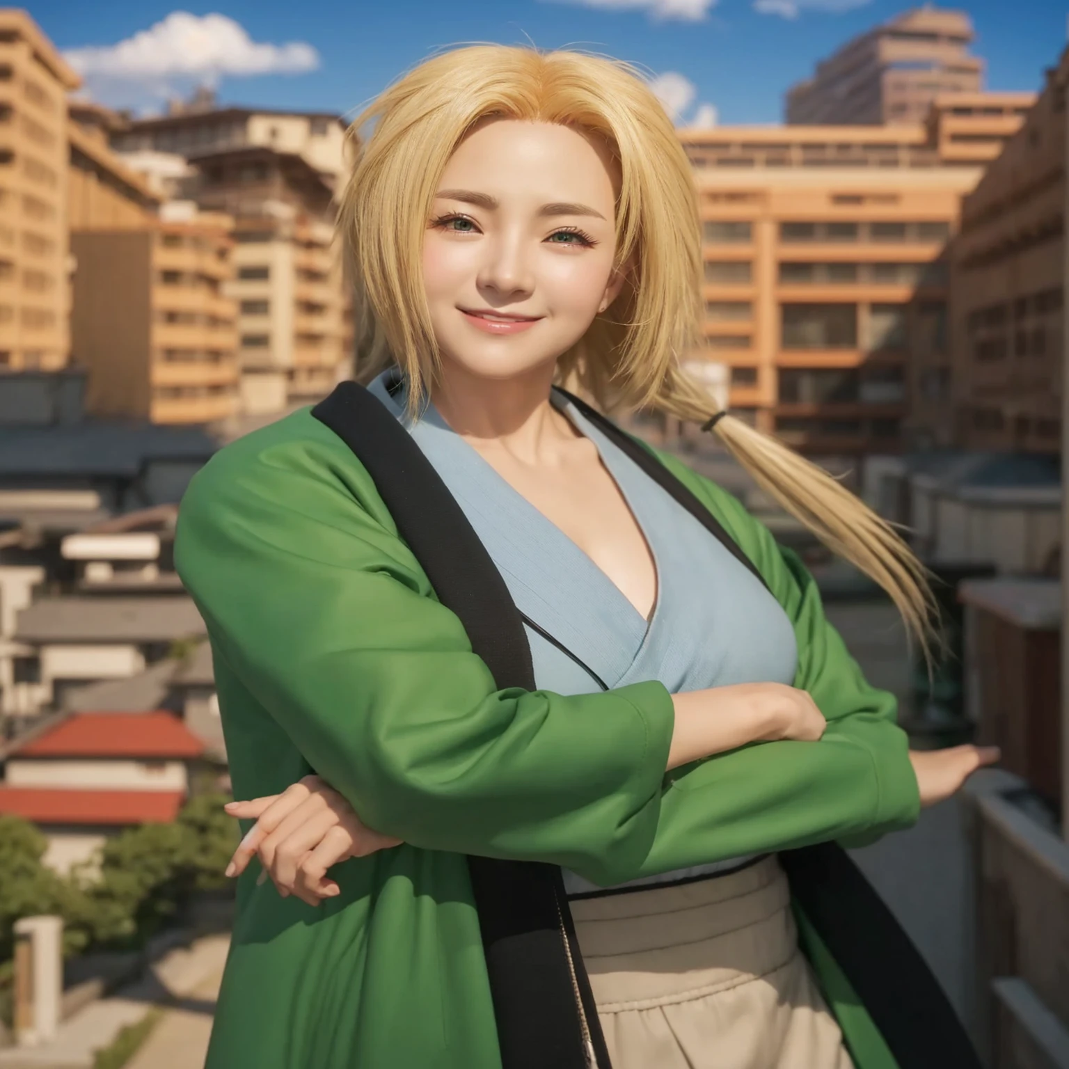 A woman in her 50s wearing a green jacket poses for a photo in front of the city, Naruto's Rope, Realistic Anime 3D Style, sakimichan hdri, Photorealistic Animation girl render, 3D Anime Real, Photorealistic Animation, Ultra realistic anime, akihiko yoshida. Unreal Engine, Korean women, Real life anime girls, April Rendering