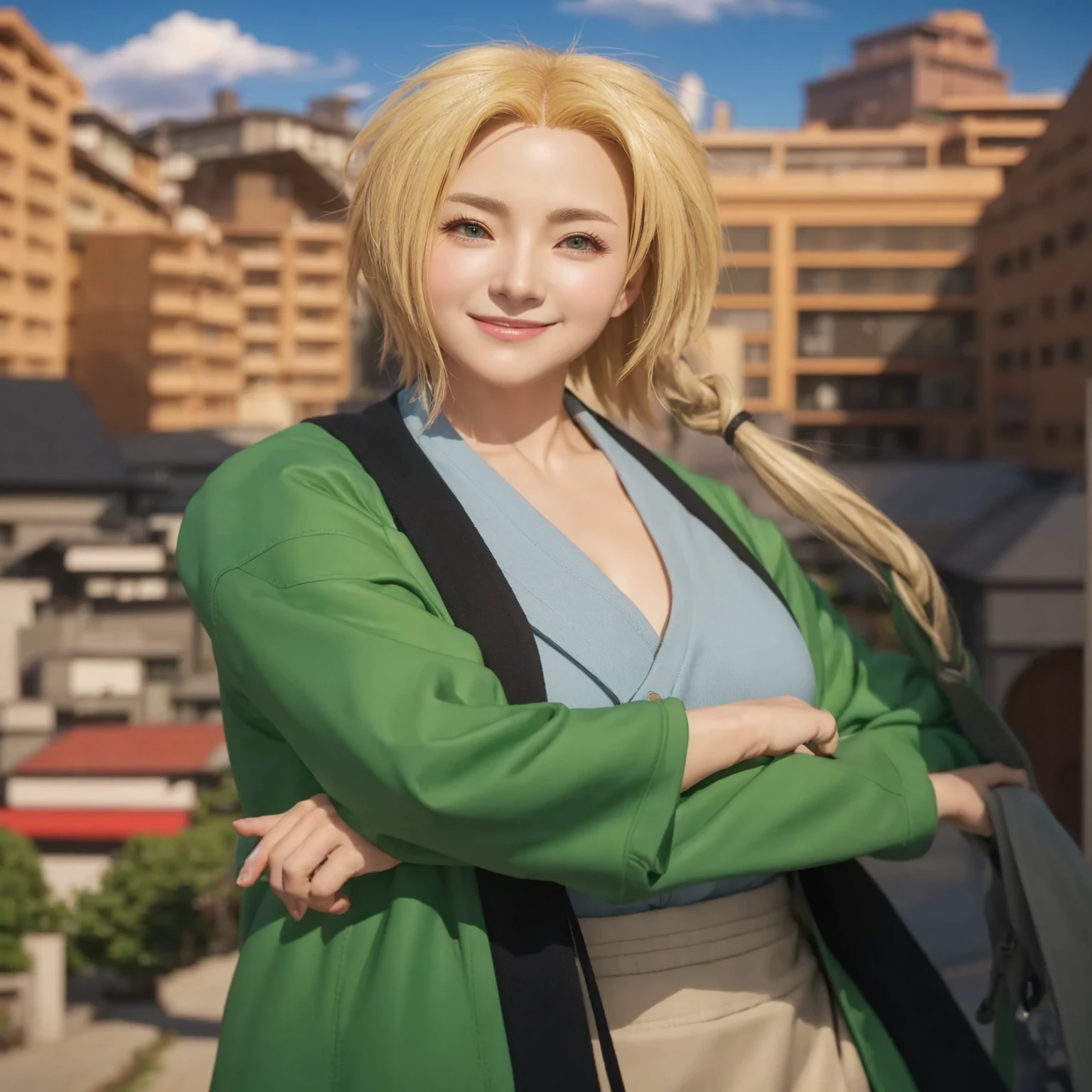 A woman in her 50s wearing a green jacket poses for a photo in front of the city, Naruto's Rope, Realistic Anime 3D Style, sakimichan hdri, Photorealistic Animation girl render, 3D Anime Real, Photorealistic Animation, Ultra realistic anime, akihiko yoshida. Unreal Engine, Korean women, Real life anime girls, April Rendering