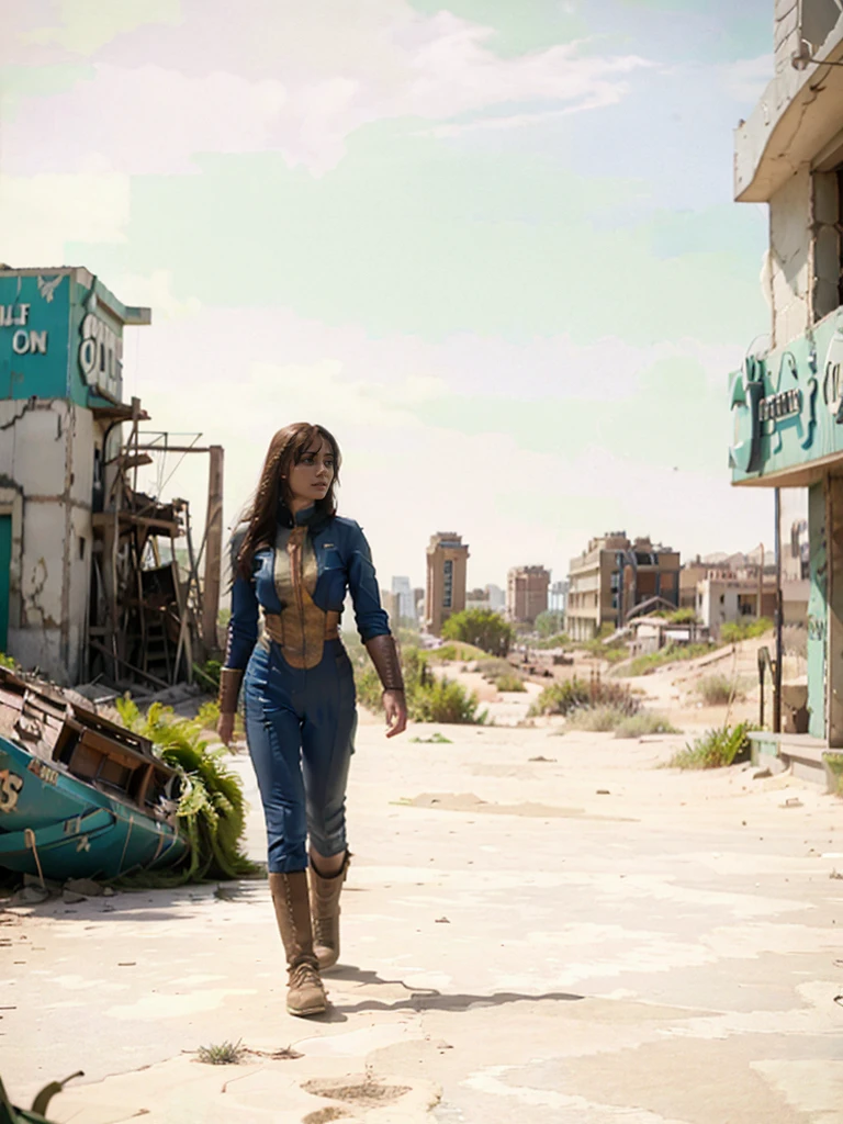 There is an 18 year old girl wearing a blue and gold vaultsuit -Vaultsuit Lucy- walking through a ruined city holding a large fallout gun, in a post-apocalyptic Las-Vegas city, destroyed casino buildings, (overgrown with vegetation), helicopter crash wreak, old rusty 1950's American cars, dead deathclaw mutants vegetation next to buildings. professionally color graded, professional photography, well drawn, masterpiece, hyper realistic, ultra detailed, high quality, best quality, 4k, 8k, raw, detailed