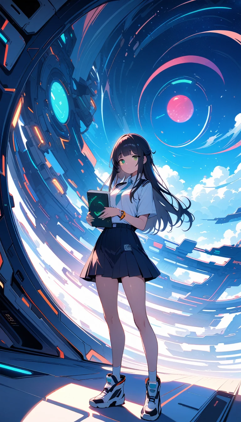 ((best quality)) , ((masterpiece)) , (detailed),A beautiful  school girl, with a white shirt and navy blue skirt, long hair with bangs, green eyes, holding books in her hands, standing by the window on a sunny day, with a happy facial expression, in a full body shot, in the style of Makoto Shinkai.，(sci-fi style. futuristic, technological, alien worlds, space themes, advanced civilizations)