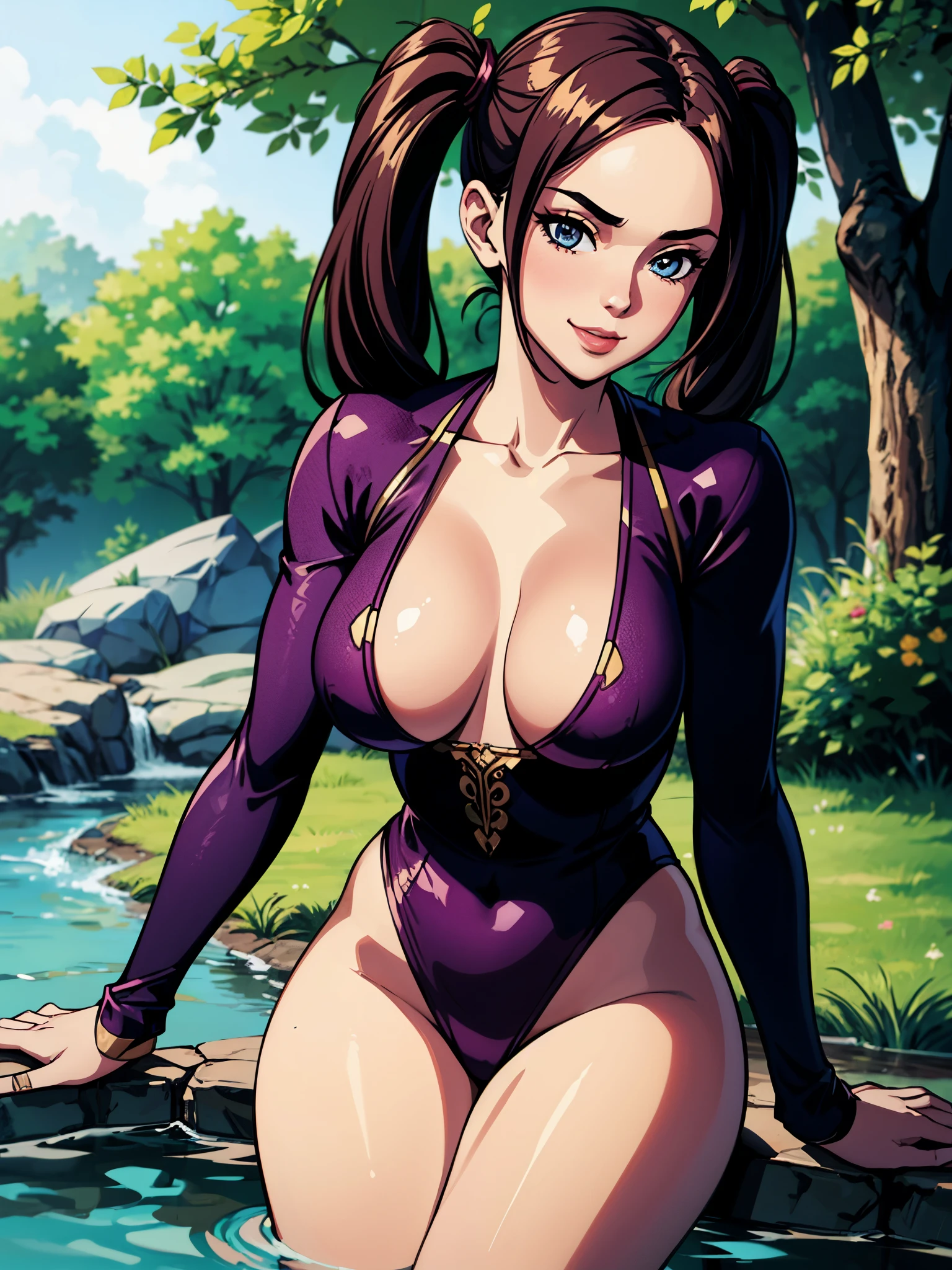 1girl, Glade by the stream, Razvratnaya pose, body complet,   girl girl, beautiful breasts, Lady debauchery, pigtails (Revealing clothes:1.3), portraite of a, Best Quality, extra high resolution, Maximum realism, tmasterpiece.sultry look, seductive, seductive smile, inviting expression, suggestive