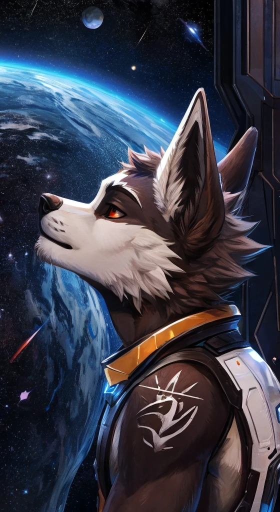Side view, furry, in space, white fox boy with a black hole tattoo on his back,