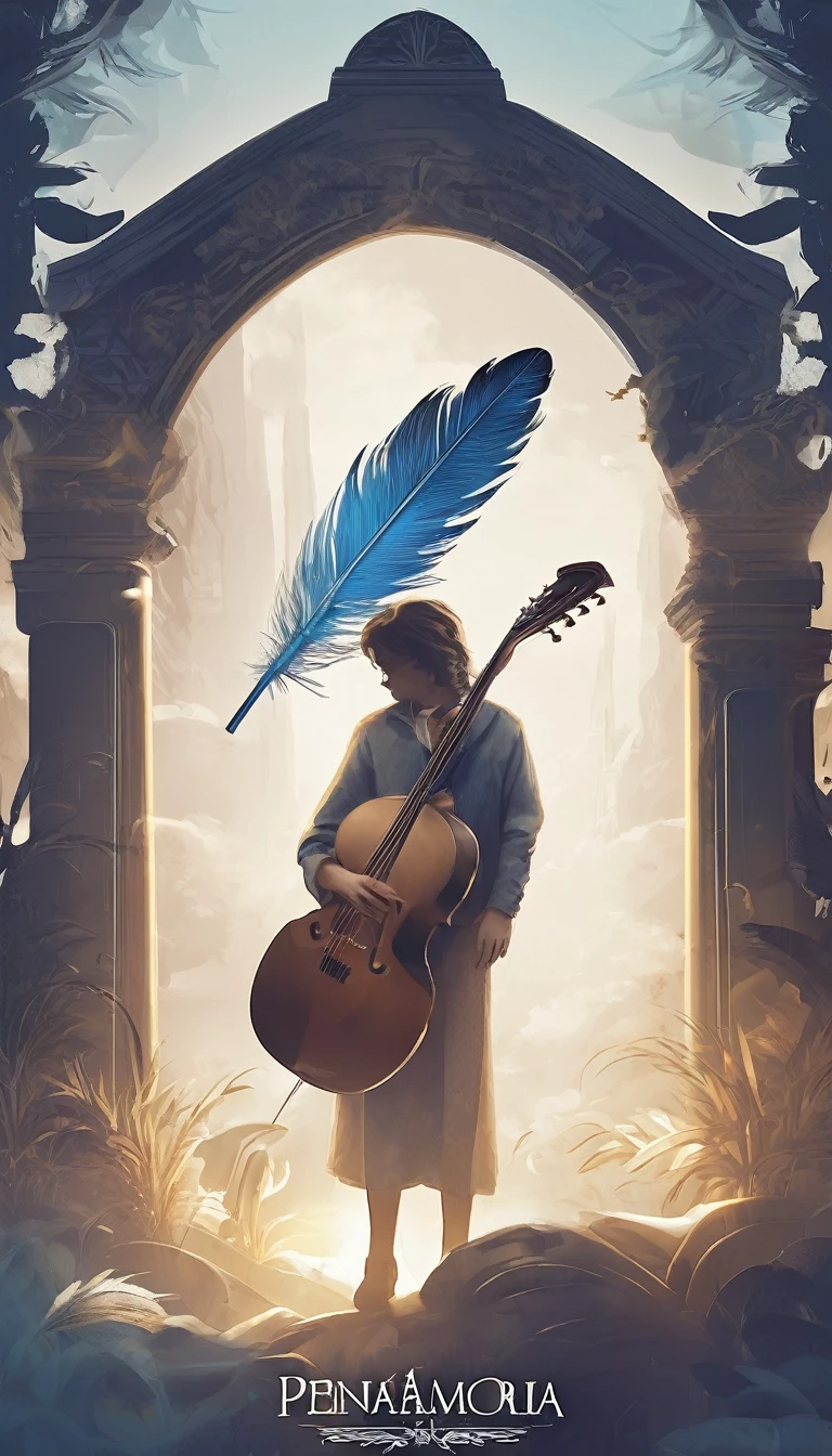 Create a cinematic, abstract symbol for a storytelling production brand based on stories and dreams called " Penamemoria". The logo should convey a fantasy theme and include the company of a boy and a feather. Fantastic, memorable, poetic, dreamy, sitting against a tree and playing guitar to a fantastic, unique, poetic white-blue-golden feather.
