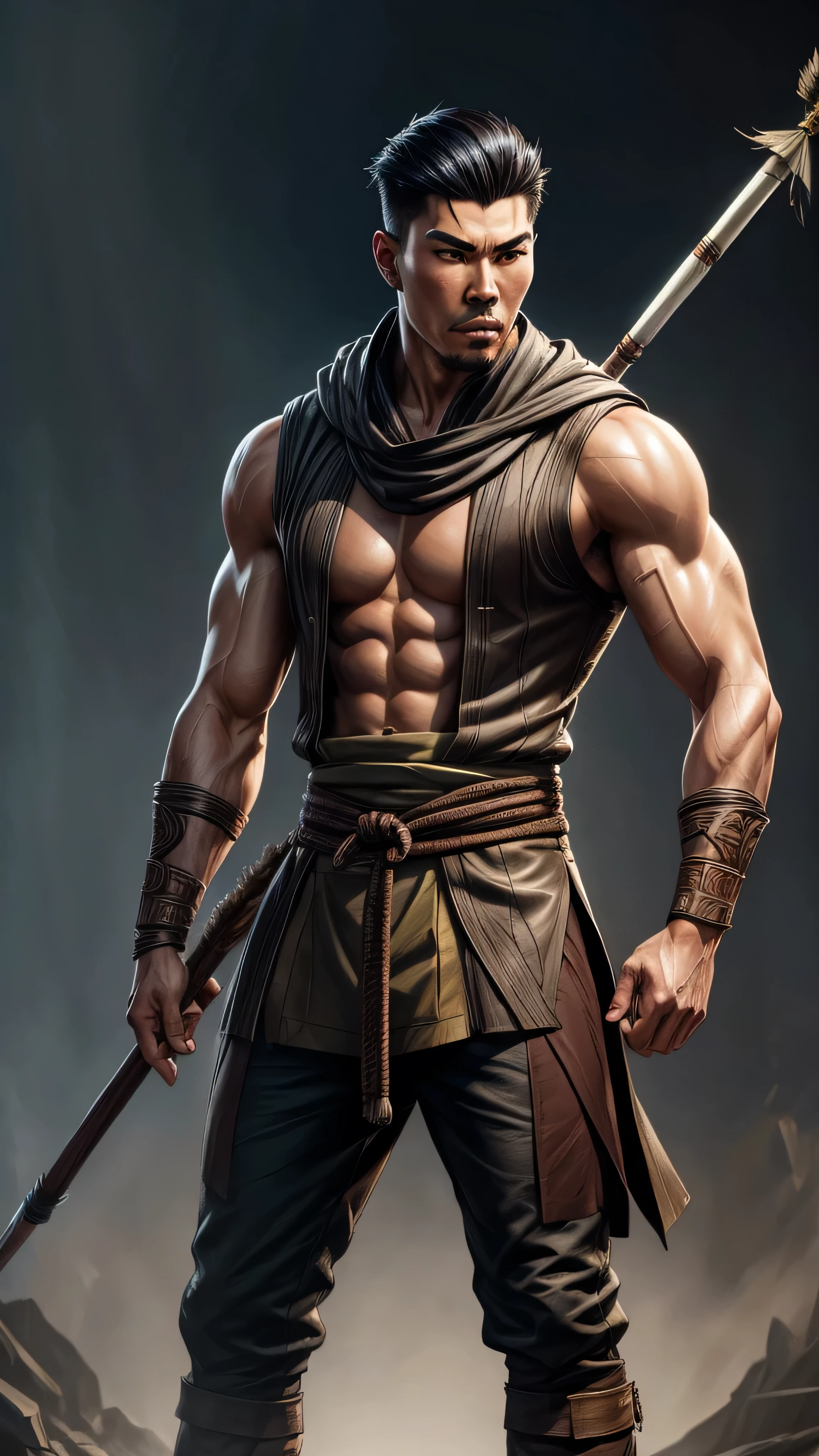 (Lewis Tan) as Kung Jin from Mortal Kombat, black long ponytail, dark brown traditional martial arts sleeveless vest, dark brown traditional martial arts pants, dark brown loincloth, hoding (bow), (arrows), (bronze helmet), (insanely detailed, beautiful detailed face, masterpiece, best quality), cinematic lighting, 1man, solo, full body view, front view, looking at viewer, intricate, high detail, sharp focus, dramatic, photorealistic painting art by greg rutkowski