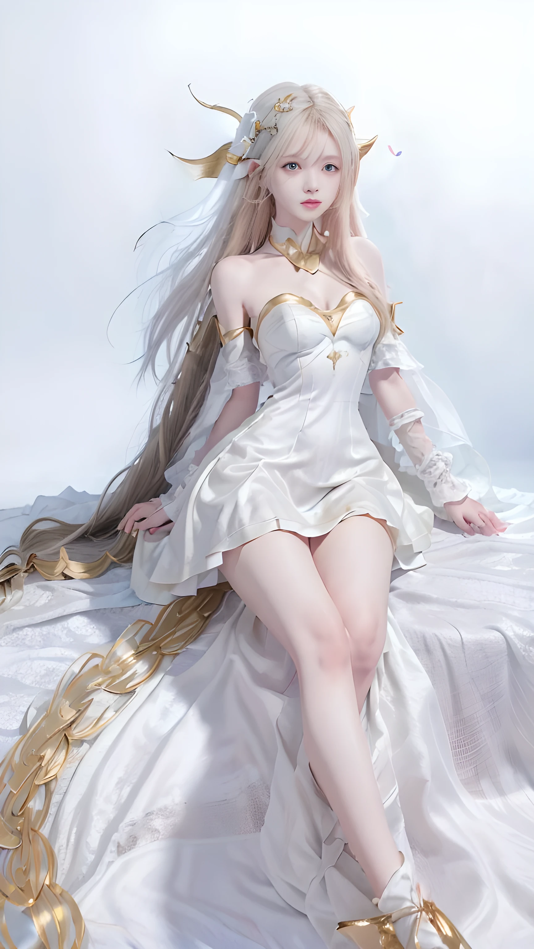 Close-up of face, Face Shooting, (White Dress :1.7), Short witch skirt, Long streamers, blond, blond hair, (Pointed ears: 1.5), (Gold pattern quality:1.3), woman, Has long blonde hair, Off-shoulder, Top-level detailed CG quality 4K wallpaper, master, A masterpiece, portrait, middle, Watch the video, Beautiful Chinese-Korean mixed-race idol, ((Very delicate face, Detailed description of facial features)), Bitten lip makeup, sweet smile, Perfect facial features, Model Diagram, Good skin tone, Tree, Branches, Golden meadow, stream, Gold Leaf, night, twilight, Sunset, twilight, autumn, Double braid, Hair, side fringe, Headband, Hair accessories, Forehead Gem, Porphyra, crescent Hair accessories, fish Hair accessories, Ji Qie, Low Ponytail, realism, Divine Light, spark, Movie Lighting, lens flare, Ultra HD, High Detail, high quality, high resolution, best quality, 8K, 16K, High Detail, high quality, Super Detail, Anatomically correct, masterpiece, precise