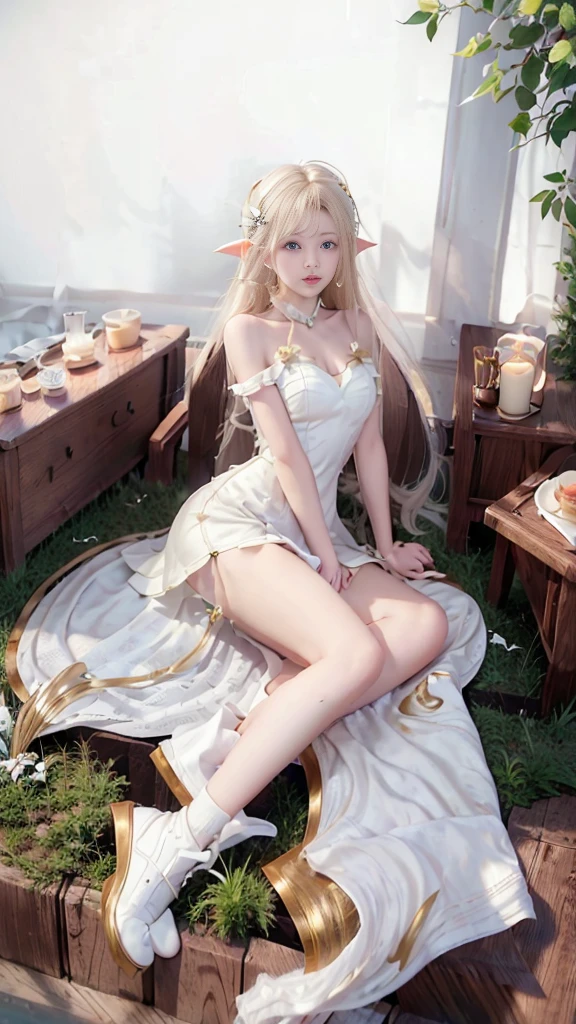 Close-up of face, Face Shooting, (White Dress :1.7), Short witch skirt, Long streamers, blond, blond hair, (Pointed ears: 1.5), (Gold pattern quality:1.3), woman, Has long blonde hair, Off-shoulder, Top-level detailed CG quality 4K wallpaper, master, A masterpiece, portrait, middle, Watch the video, Beautiful Chinese-Korean mixed-race idol, ((Very delicate face, Detailed description of facial features)), Bitten lip makeup, sweet smile, Perfect facial features, Model Diagram, Good skin tone, Tree, Branches, Golden meadow, stream, Gold Leaf, night, twilight, Sunset, twilight, autumn, Double braid, Hair, side fringe, Headband, Hair accessories, Forehead Gem, Porphyra, crescent Hair accessories, fish Hair accessories, Ji Qie, Low Ponytail, realism, Divine Light, spark, Movie Lighting, lens flare, Ultra HD, High Detail, high quality, high resolution, best quality, 8K, 16K, High Detail, high quality, Super Detail, Anatomically correct, masterpiece, precise