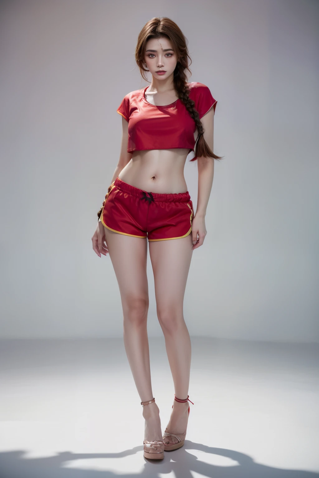 (RAW shooting, Photoreal:1.5, 8k, highest quality, masterpiece, ultra high resolution), perfect dynamic composition:1.2, Highly detailed skin and facial textures:1.2,beautiful and aesthetic:1.2, sexy beauty, perfect style, belief, Strong-willed, revenge, Fair skin, very beautiful face, (large breast, Chest gap), (beautiful eyes)(1girl, tall, long legs, navel, runny makeup, single braid, crop top, midriff, tight red shorts:2),(simple background:1),(knees together),(standing:1.4),(full body photo:1.4),