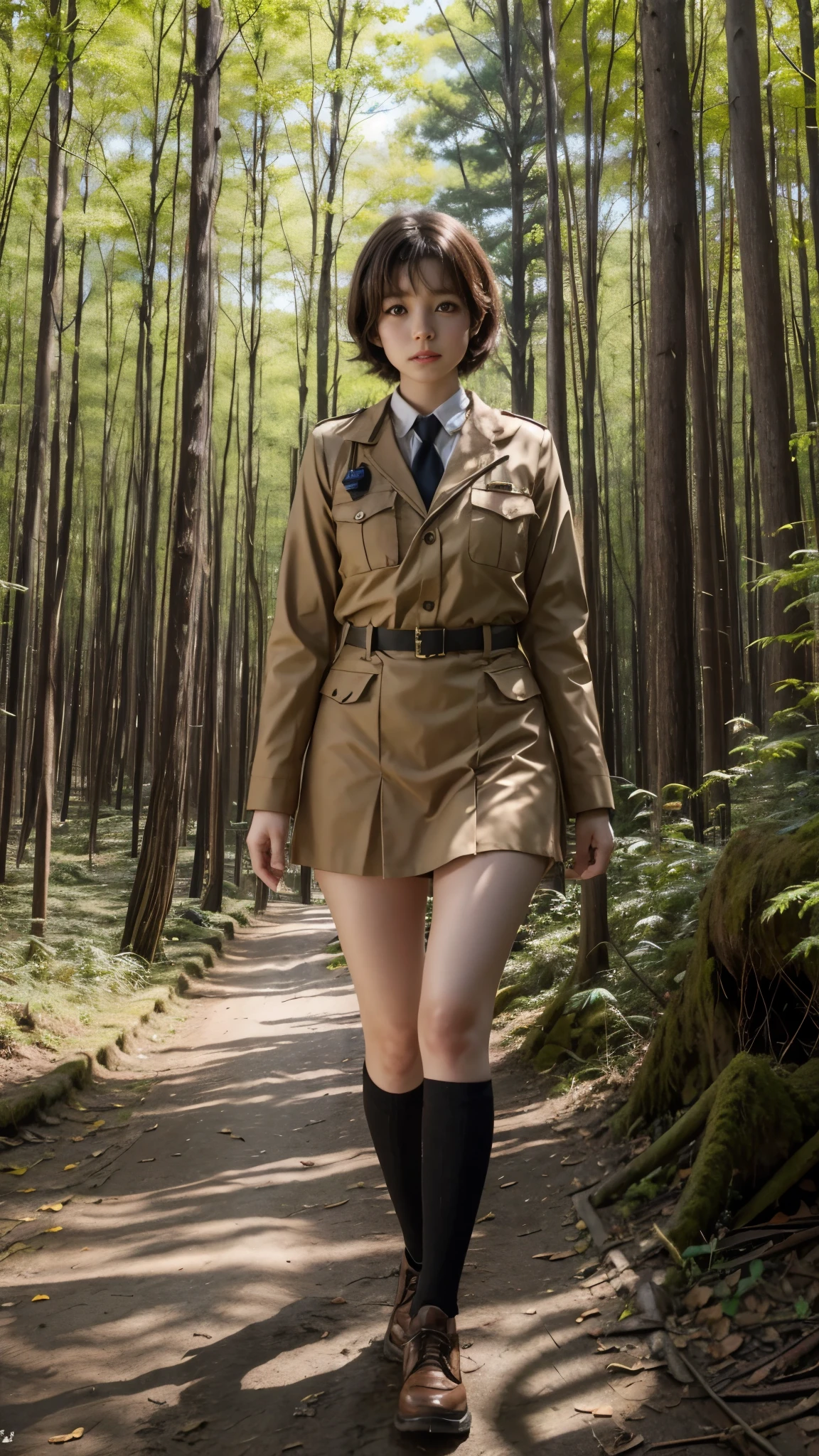 Walking in the forest、Short brown hair、uniform、大きなdeerの角を持つ女性、Dynamic pose、solo、deer。