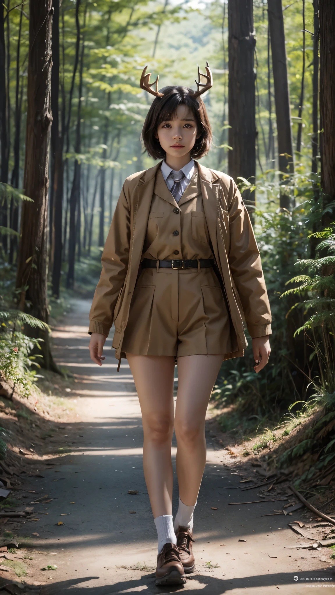 Walking in the forest、Short brown hair、uniform、Woman with large deer antlers、Dynamic pose、solo