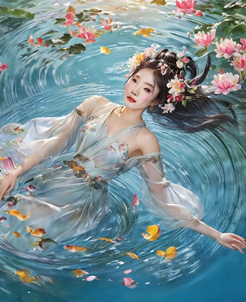 a painting of a woman floating in the water with flowers in her hair and a, by Liu Jun, floating in perfume, by Hong Ren, by Wen Jia, by Chen Lu, by Li Tang, by Song Xu, by Qian Xuan, by Ai Xuan, by Yanjun Cheng, by Qian Gu, by Zhou Chen, beautiful aesthetic art, by Xie He, by Yang J, by Wen Zhenheng, by Shang Xi, ophelia, inspired by Yanjun Cheng, by Ruan Jia