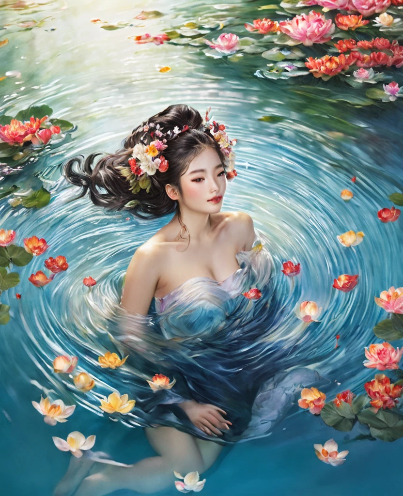 a painting of a woman floating in the water with flowers in her hair and a, by Liu Jun, floating in perfume, by Hong Ren, by Wen Jia, by Chen Lu, by Li Tang, by Song Xu, by Qian Xuan, by Ai Xuan, by Yanjun Cheng, by Qian Gu, by Zhou Chen, beautiful aesthetic art, by Xie He, by Yang J, by Wen Zhenheng, by Shang Xi, ophelia, inspired by Yanjun Cheng, by Ruan Jia