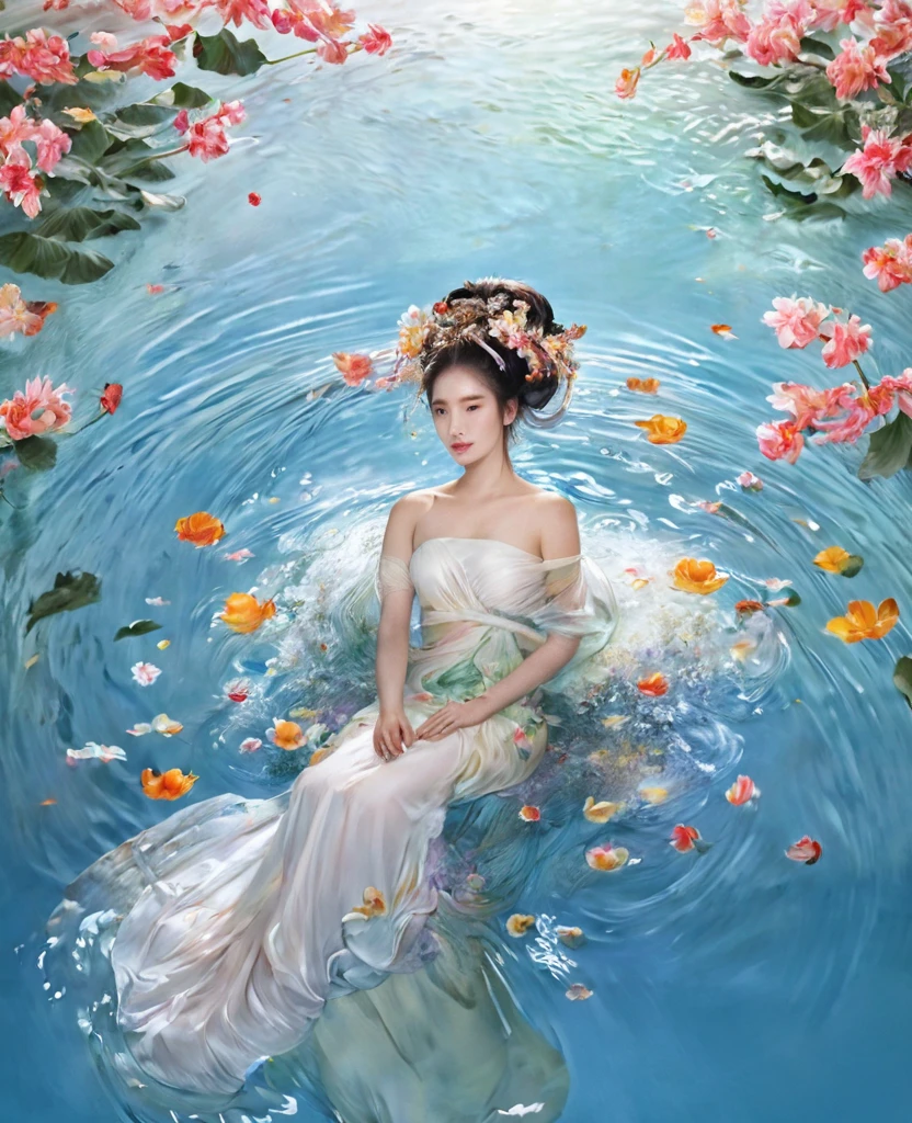 a painting of a woman floating in the water with flowers in her hair and a, by Liu Jun, floating in perfume, by Hong Ren, by Wen Jia, by Chen Lu, by Li Tang, by Song Xu, by Qian Xuan, by Ai Xuan, by Yanjun Cheng, by Qian Gu, by Zhou Chen, beautiful aesthetic art, by Xie He, by Yang J, by Wen Zhenheng, by Shang Xi, ophelia, inspired by Yanjun Cheng, by Ruan Jia