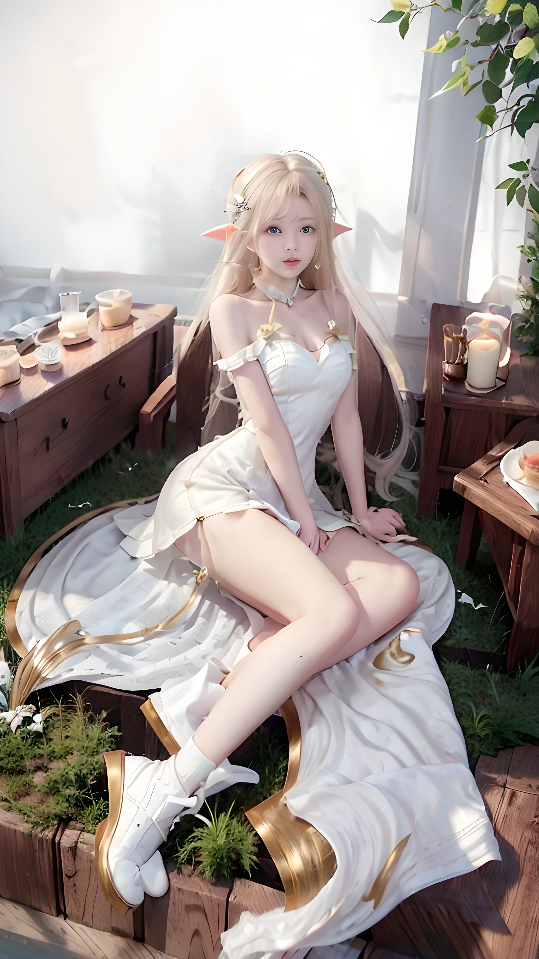 Close-up of face, Face Shooting, (White Dress :1.7), Short witch skirt, Long streamers, blond, blond hair, (Pointed ears: 1.5), (Gold pattern quality:1.3), woman, Has long blonde hair, Off-shoulder, Top-level detailed CG quality 4K wallpaper, master, A masterpiece, portrait, middle, Watch the video, Beautiful Chinese-Korean mixed-race idol, ((Very delicate face, Detailed description of facial features)), Bitten lip makeup, sweet smile, Perfect facial features, Model Diagram, Good skin tone, Tree, Branches, Golden meadow, stream, Gold Leaf, night, twilight, Sunset, twilight, autumn, Double braid, Hair, side fringe, Headband, Hair accessories, Forehead Gem, Porphyra, crescent Hair accessories, fish Hair accessories, Ji Qie, Low Ponytail, realism, Divine Light, spark, Movie Lighting, lens flare, Ultra HD, High Detail, high quality, high resolution, best quality, 8K, 16K, High Detail, high quality, Super Detail, Anatomically correct, masterpiece, precise