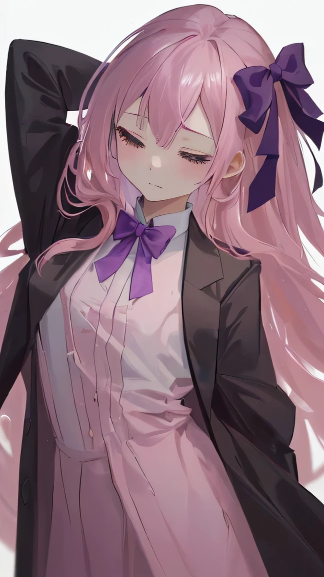 (high resolution, Practical, 4K, Extremely detailed, masterpiece:1.2),1 hermaphrodite girl, , Unisex, Pink medium-length hair, student, black student uniform,purple bow, Charming and beautiful , Close your eyes ,Place your hands on your chest , White background