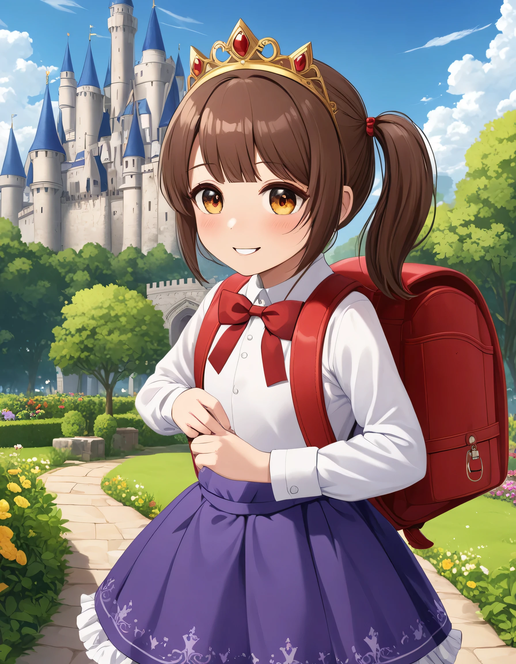 masterpiece, best quality, highres, 1girl, long hair, one side up, solo, ponytail,brown hair, masterpiece, best quality, highres, 1girl, 9 years old, solo, brown hair, short hair, brown eyes, mole under eye, cowboy shot,, princess dress, princess Costume,bowtie, smile (princess:1.4), frilled dress, tiara, castle, outdoor, garden, wearing randoseru backpack, (randoseru backpack:1.4), outdoor, day