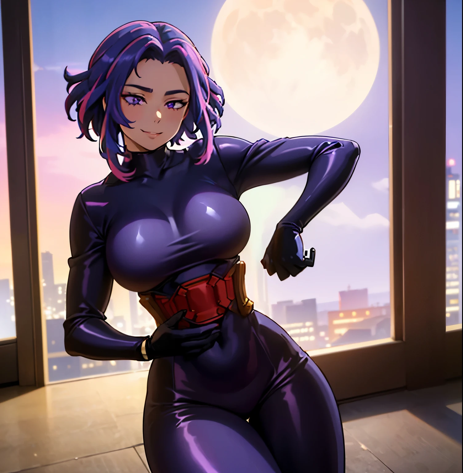 ((1girl)),((alone)),lady nagant,(masterpiece), (best quality), (ultra detailed), (best illustration), (best shadow), (absurdities), sharp focus, cowboy shot ,atmospheric perspective, depth of field, dynamic posture facing the viewer, large breasts, narrow waist, wide hips, wide thighs, round butt, erotic, romantic, (highly detailed eyes, lips 1.1), highly detailed eyes:1.4, eyes, Very detailed face, Very beautiful face, full height, beautiful curvy figure, femininity, expressive appearance, elastic big breasts, sexuality, Nagant, mature woman, purple hair, purple eyes, multi-colored hair, short hair, hair with highlights, pink hair , medium hair, two-color hair, defined body, (Cross-collar, cut at the navel, exposed navel, cleavage, long sleeves, latex jumpsuit, black jumpsuit with closure, tight jumpsuit, black gloves, smile, holding a gun, Gun, Gun,Perfect and beautiful body, perfect and beautiful, closed mouth, smile, happy smile, blushing, (sexy pose: 1.2), ((solo)), standing: 1.3,((mansion: 1, 5, city view : 1.5, window: 1.5, red carpet: 1.3, city lights: 1.5, moon: 1.3, night: 1.4, bodies: 1.4), looking back, from behind, ((focus on the ass)), point of view: (from below), perfect anatomy, perfect hands