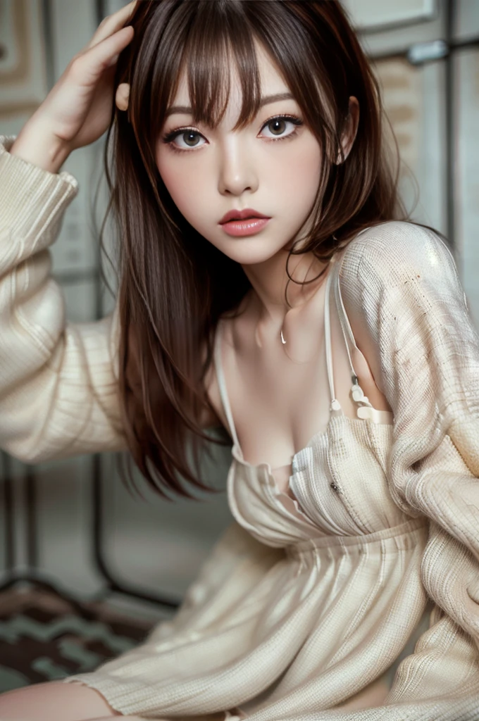 (masterpiece:1.5)、(Realistic:1.5)、(Highest quality:1.4、8k、RAW Photos）、Ultra-high resolution、19 years old、Japanese women、Cute woman:1.4、(1 girl)、slender、Medium Hair、Dark brown hair color、(Realistic depiction of eyes:1.3)、Dark brown eyes、Beautiful Eyes、double eyelid、Natural Makeup、Professional Lighting、Perfect and dynamic composition、Sophisticated、超Realistic、Attention to detail、Realistic looking skin、midnight、Background blur、Girly white dress、MFBP1