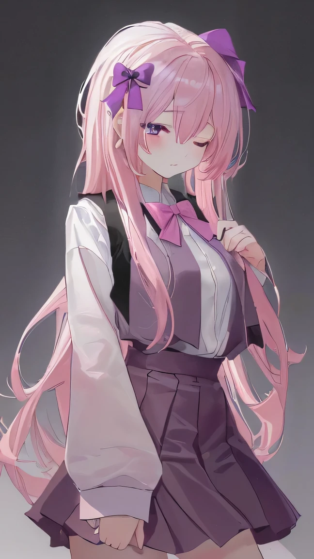 (high resolution, Practical, 4K, Extremely detailed, masterpiece:1.2),1 hermaphrodite girl, , Unisex, Pink medium-length hair, student, black student uniform,purple bow, Charming and beautiful , Close your eyes ,Place your hands on your chest , White background
