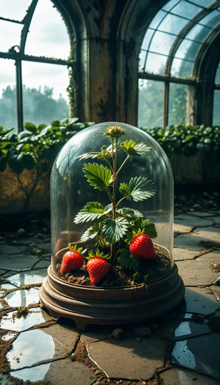 a post-apocalyptic world, a desolate wasteland, lonely traveler carry on in hand a lone strawberry bush growing under a glass dome, the last strawberry in existence, highly detailed, old and tjorn clothes, photorealistic, 8K, award-winning art, dramatic lighting, moody colors, muted tones, overgrown ruins, cracked concrete, shattered glass, rusty metal, a sense of isolation and loneliness, cinematic composition, intricate details, masterpiece