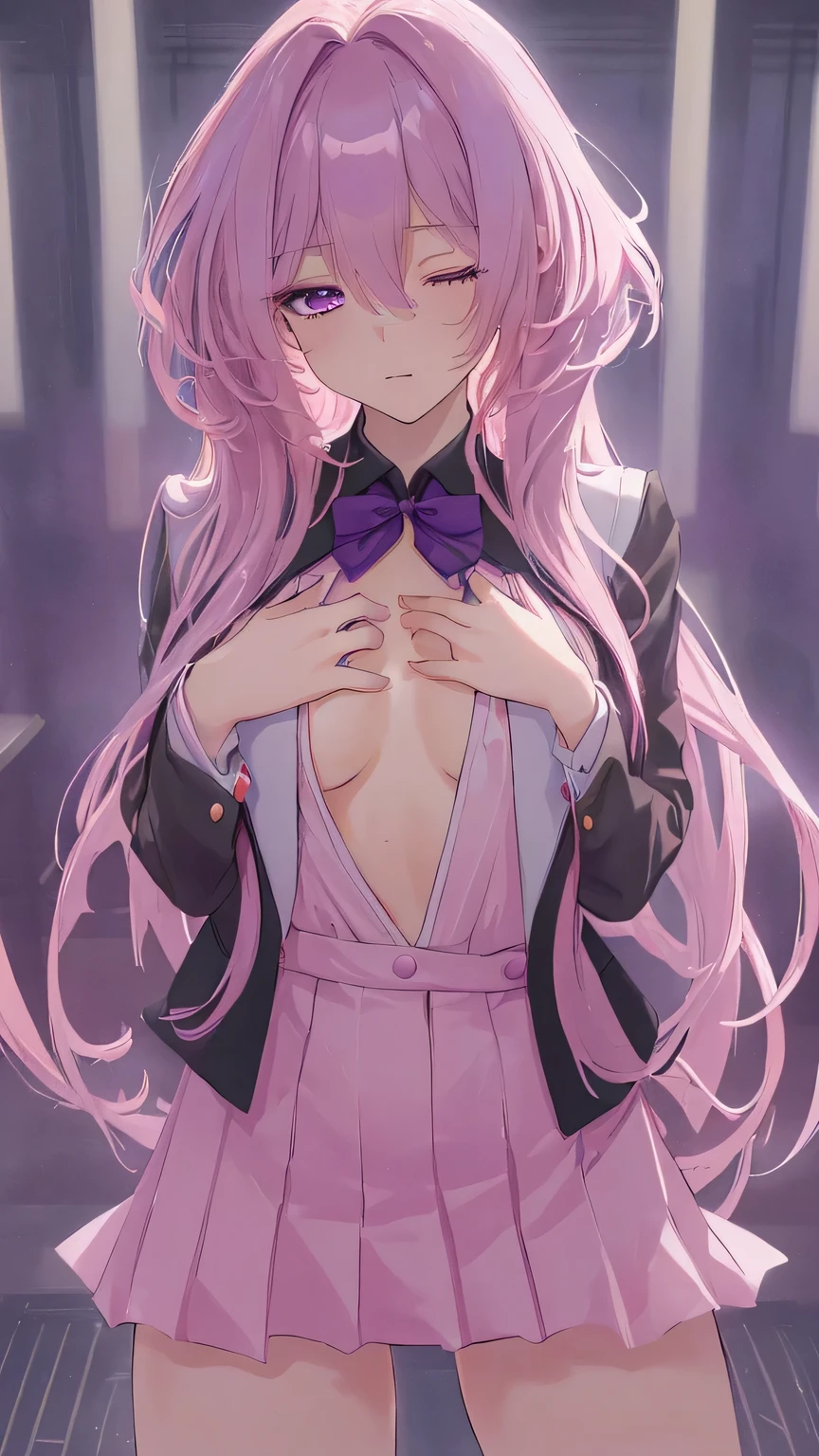 (high resolution, Practical, 4K, Extremely detailed, masterpiece:1.2),1 hermaphrodite girl, , Unisex, Shiny purple eyes, Pink medium-length hair, student, student uniform, Charming and beautiful , Close your eyes ,Place your hands on your chest