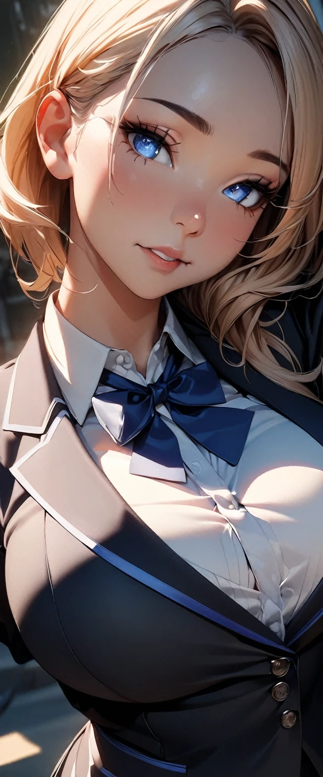 (high quality, 8k, 4K, High Contrast, masterpiece:1.2, 最high quality, Best aesthetics), 1 female, (Realistic skin texture:1.3), (Film Grain:1.3), (Selfie angle, High Angle), Wearing a blazer over her big boobs,  (Chest highlights), One Girl, Beautiful and detailed eyes and face, 最high quality, close, Upper Body,