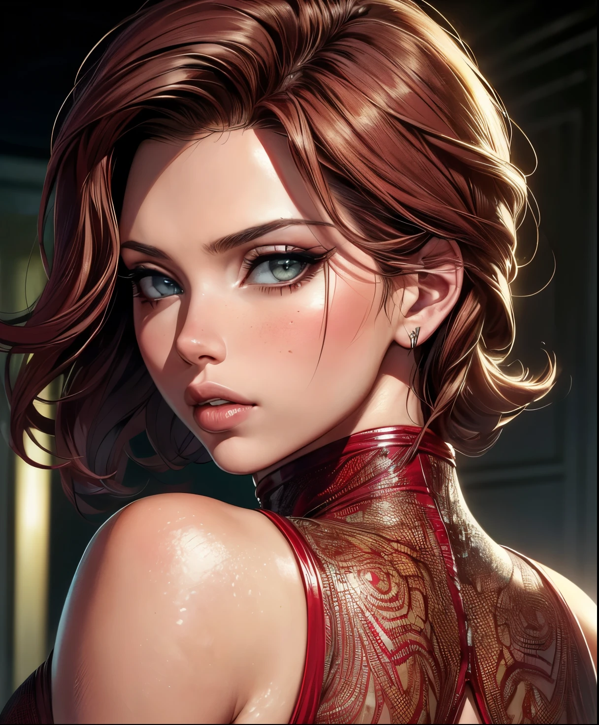Scarlet johansson, from behind, (((work of art))), (((best qualityer: 1.4))), ((super detaill: 1.4)), beautiful exotic features, hyper-detailed facial features, expressive face, detailed textures, shader de pele natural, volumetrics, warm tones under your skin, ultra-high resolution