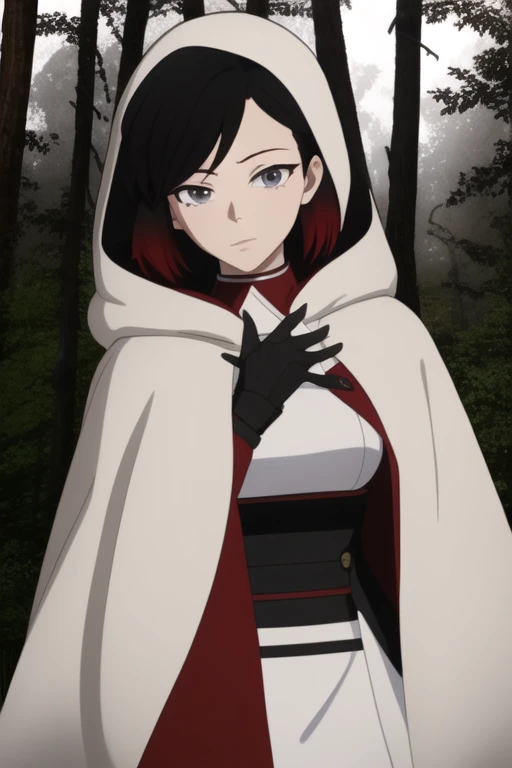 srwby, short hair, black hair, red hair, white cloak, white cape, gradient hair, grey eyes, Solo, 1girl, Looking at viewer, Masterpiece, Best Quality, forest