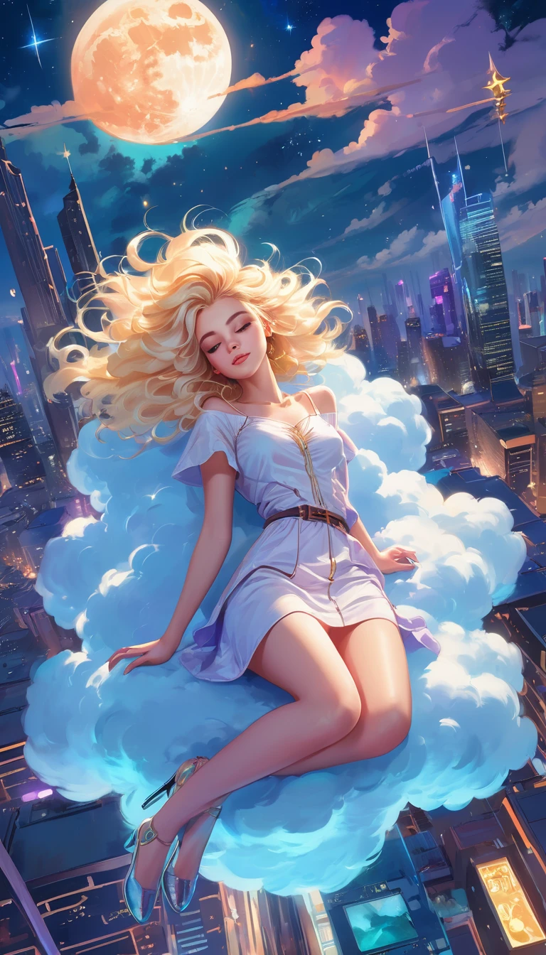 a beautiful 20 year old blonde woman with big messy hair laying down on a cloud in the sky floating over a cityscape at night, twinkling stars and glowing moon, fantasy art style, rossdraws cartoon vibrant, cyberpunk, cute detailed digital art, colorfull digital fantasy art, digital fantasy art ), glossy digital painting, rossdraws pastel vibrant, rossdraws 2. 5, rossdraws 1. 0