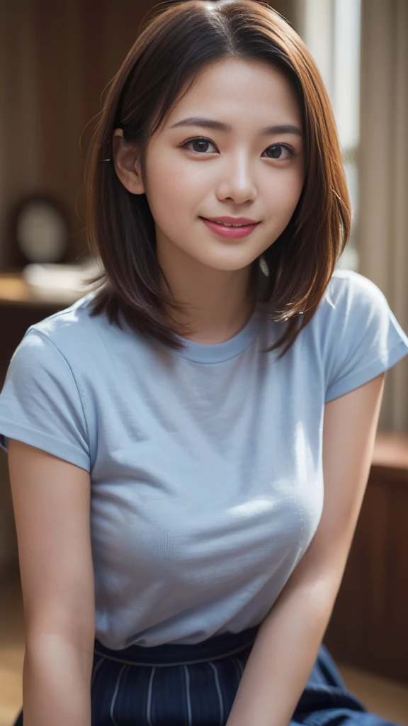 ((((masterpiece、Highest quality、High resolution、Tabletop、wallpaper、Realistic、Bright lighting、Professional Lighting、Face Light、Smooth lighting、Japanese women、Beautiful woman、action、gravure、sexly、so beautiful、Beautiful Skin、Beautiful and exquisite、Detailed face、slim、Blonde、Blue eyes、t-shirt、mini skirt:1.5))))、((Big Breasts:1.4))、((((Japanese,20-year-old,One Woman:1.5)))),smile,Close mouth