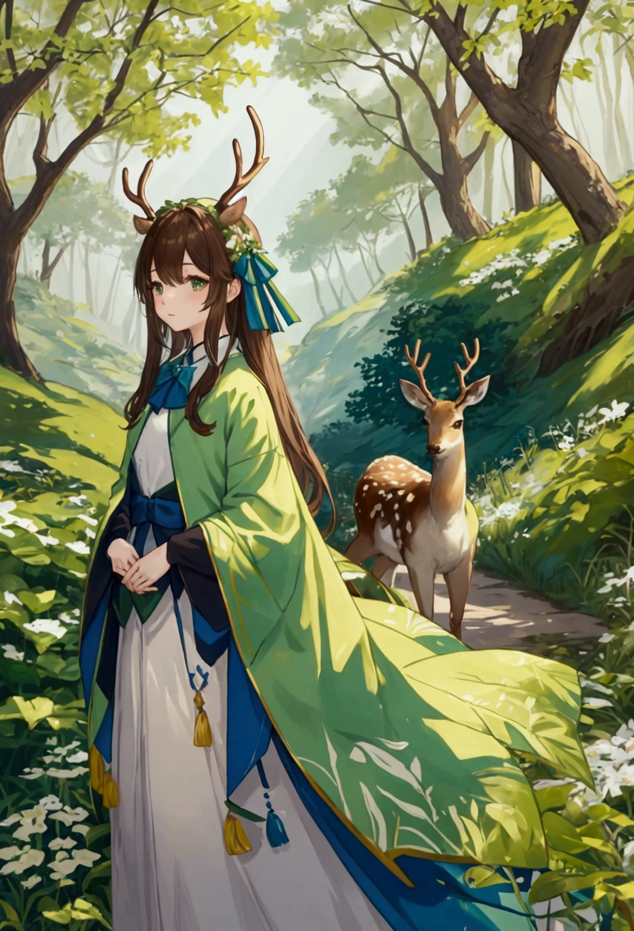 Dreaming Doe、Un l'air de tendre dans ses reves、Posture Marche、Green forest background::2 Colorful ink painting::2. Art Fantasy、high school girl、Brown Hair、Shortcuts、Deer antlers grow。