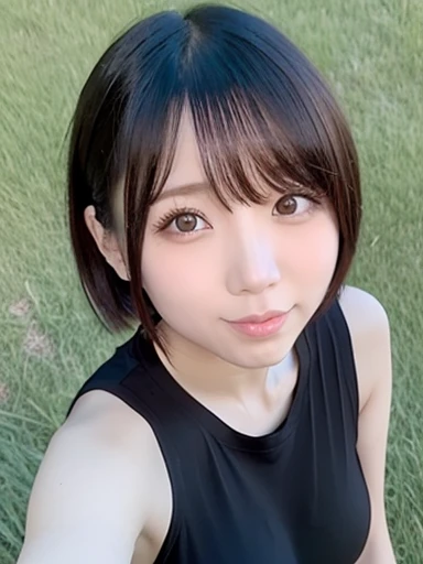 On the grass、Arabian asian woman wearing black t-shirt,Medium Short Hair、Yoshitomo Nara, shikamimi, Chiho, mayuri shiina, sakimichan, For whom?, Chiho ashima, Girl cute beautiful face, [32k hd]^10, narumi kakinouchi