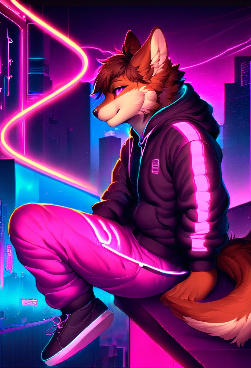 Fox, male, solo, anthro,(leaning on barrier), city, from front, (neon cyberpunk jacket), (listening to music), closed eyes, headphones, vaporwave, detailed lighting, (neon cyberpunk striped sweatpants), (Saturn (background), SFW, detailed shading, (dynamic blur (background)), spacepunk