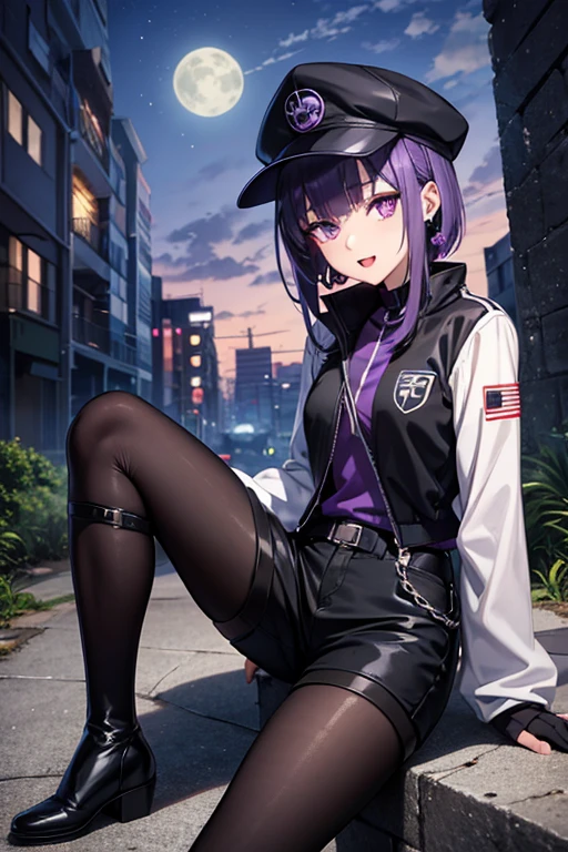 Anime Art、Full body portrait、Modern Street Murderer、Moonlit Ruins、A tall woman, about 175cm tall, in her 20s, wearing a black jacket and shorts, holding a large baseball bat、Short medium hairstyle、Bangs long enough to cover both eyes、Purple Hair、Wearing a red cap、Bossy smile with open mouth、gloves、stockings、boots、wearing silver earrings in his ears