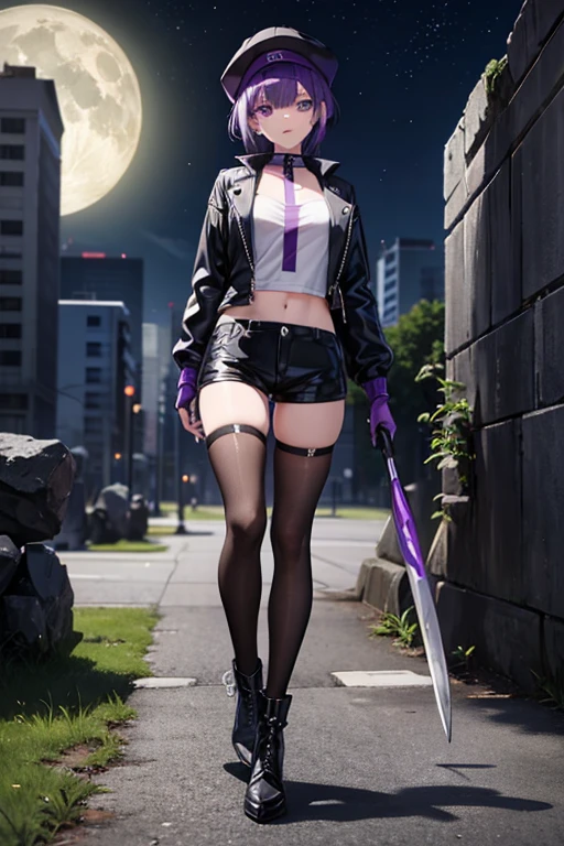 Anime Art、Full body portrait、Modern Street Murderer、Moonlit Ruins、A tall woman, about 175cm tall, in her 20s, wearing a black jacket and shorts, holding a large baseball bat、Short medium hairstyle、Bangs long enough to cover both eyes、Purple Hair、Wearing a red cap、Bossy smile with open mouth、gloves、stockings、boots、wearing silver earrings in his ears