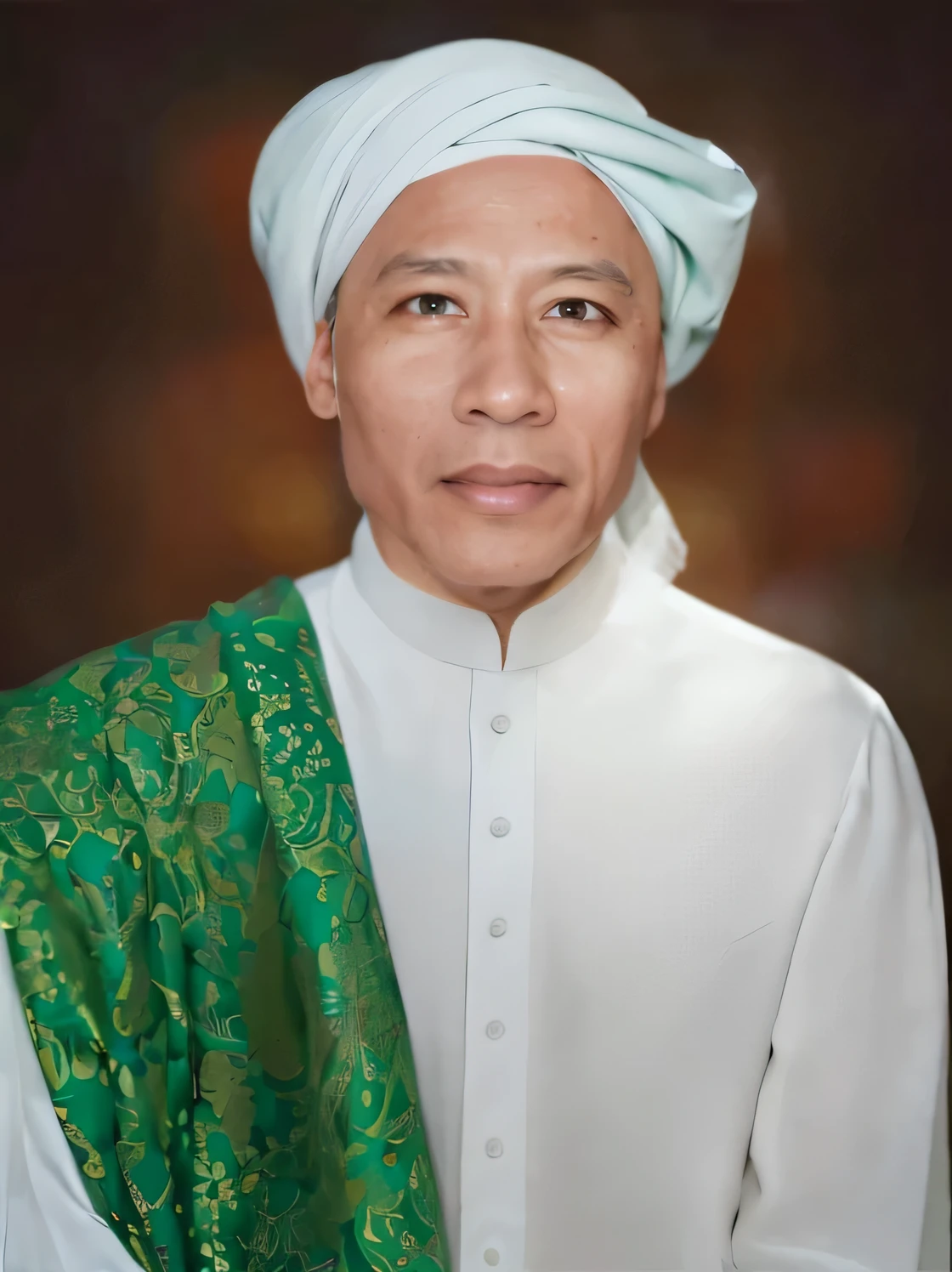 Make this photo look realistic and detailed, arafed man in a white muslim clothes and white turban and green scarf, 6 0 years old man, portrait n - 9, h. kyoht luterman, portrait image, [ digital art, very detailed potrait, realistic portrait photo, close up potrait, profile portrait, very detailed face, very realistic face, very perfected face, very detailed clothes, very realistic clothes, very perfected clothes