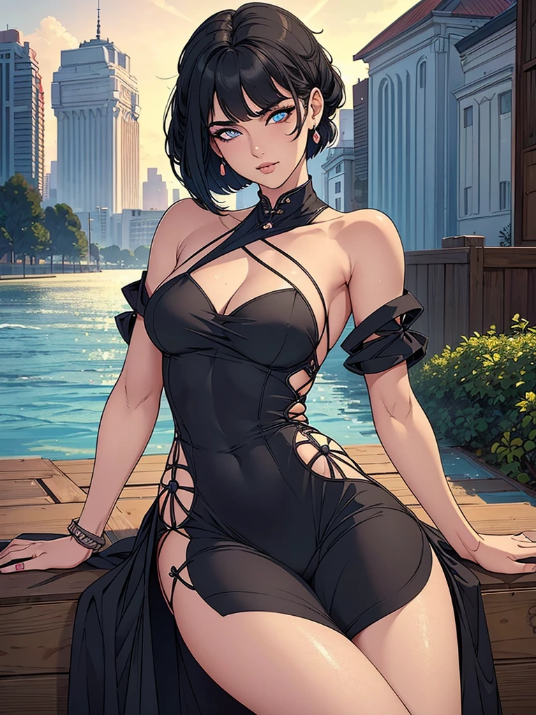 Just one girl, sitting pose, white skin,(glow up),Best quality, 4k, high resolution, body stuck outfits, perfect smile, light skin, ahegao face, gorgeous eyes,(eye's colour is black(beautiful eyes),detail eyes, realastic eyes,  short hair ,hair colour is black) ,straight hair, hime cut hair, wearing a long red Qipao, a body-hugging one-piece dress for women, clothes are stuck in body, bodyfit outfit,1 girl, solo, seductive look, elegance and charm, (masterpiece, best quality, high resolution), looking at the viewer, sitting, (intricate and beautiful:1.2), (detailed light:1.2), (soft light, side light), (high resolution textures) , outdoor, white skin girl ,outdoor background, sun light, attractive, sexy, mature and hot, young,(masterpiece:1.3), (disorganized:1.3), (highest quality:1.3), perfect anatomy, detailed face, front view, perfect right hands, looking at viewer, (Super detailed:1.3), (best shadow:0.7), (treated hair), fine eyes, beautiful eyes, young aged woman, alone, standing, crystal earrings,closed_mouth, , outdoors, arrogant face, small ,outfit detail,
Correct outfut details,thick thighs,