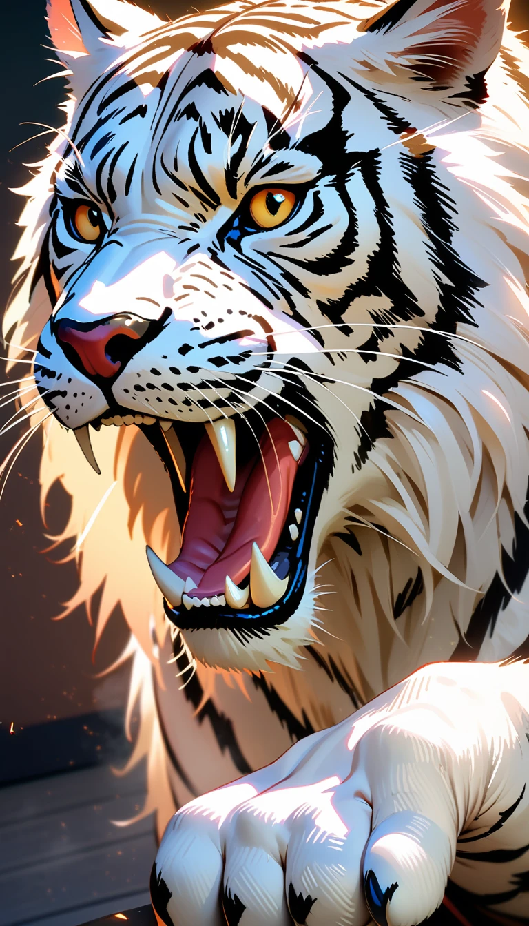 masterpiece, Highest quality, Very detailed, High resolution, High resolution, Realistic, depth, Fine texture, Super Fine, Total concentration((best quality)), ((masterpiece)), (details), Golden Tiger, barking, one body,