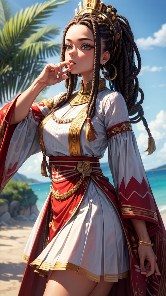 (masterpiece, highest quality, ultra high res, ultra detailed:1.3), A woman looking to the side and blowing a horn, 1 person, Zigzag pattern national costume, Dreadlocks,
