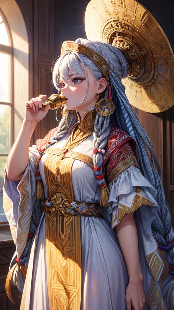 (masterpiece, highest quality, ultra high res, ultra detailed:1.3), A woman looking to the side and blowing a horn, 1 person, Zigzag pattern national costume, Dreadlocks,
