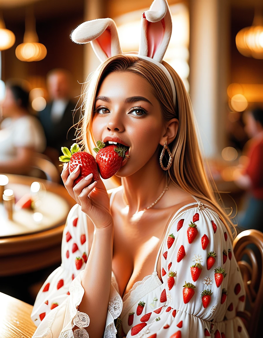 score_9, score_8_top, score_7_top, score_6_top, score_5_top, score_4_top, A bunny girl with both hands up and showing her sides (with a huge strawberry in her mouth: 1.7), At the casino,
