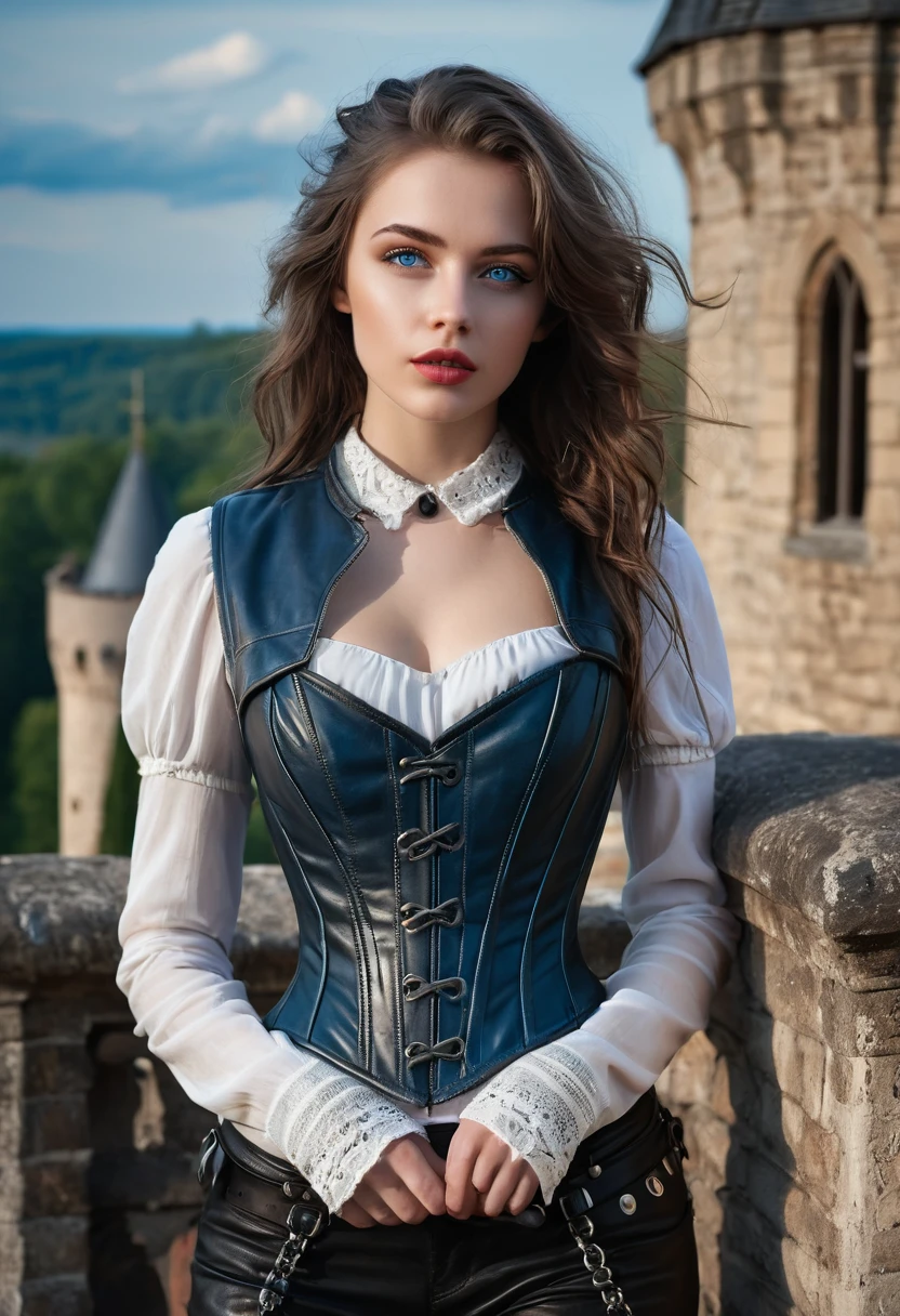 beautiful white skin girl, blue eyes and full lips, brown hair and has gray dyed tips, She wears a leather vest with a corset over it and black leather pants., He is walking along a parapet in an old castle-like school, cinematographic lighting, it&#39;s raining