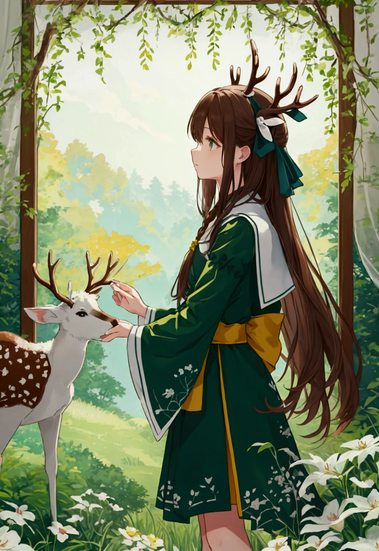Dreaming Doe、Un l'air de tendre dans ses reves、Posture Marche、Green forest background::2 Colorful ink painting::2. Art Fantasy、high school girl、Brown Hair、Shortcuts、Deer antlers grow、Let's lean closer。