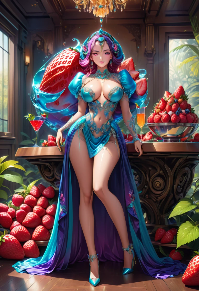 a portrait of an exotic, elegant beautiful mecha woman eating an epic, (legendary strawberry: 1.3) in cocktail party , ((full body: 1.5)), ((anatomically correct: 1.5)), (ultra detailed face: 1.2), dynamic eye color, glowing eyes, dynamic hair color, dynamic hair style dynamic skin complexion, wearing 1960's glamour intricate dress, high. fashion dress, dynamic color dress , wearing high heels, cocktail party background, vibrant, Ultra-high resolution, High Contrast, (masterpiece:1.5), highest quality, Best aesthetics), best details, best quality, highres, 16k, (ultra detailed: 1.5), masterpiece, best quality, (extremely detailed) RAW, (ultra details, Masterpiece, best quality), Hyperrealism style, MechanicusStyleAI,