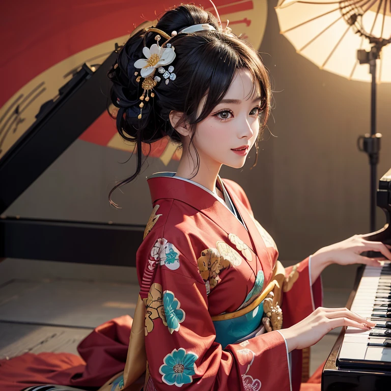 Create an illustration of an anime-style character who is sitting at a grand piano, playing the keys. The character should be positioned so that their side profile is visible, clearly showing them engaged with the piano. The character should be wearing a colorful and vibrant furisode (a type of traditional long-sleeved kimono). The color palette should be bright and pop, creating an energetic and cheerful atmosphere. Additionally, the character’s hairstyle should be styled in an oiran (traditional courtesan) fashion, which typically includes elaborate hair ornaments and a sophisticated updo. Ensure that the character’s hands are accurately and naturally positioned on the piano keys, with detailed and proportionate fingers. The character’s eyes should be expressive and well-aligned, reflecting joy and immersion in the music. The overall image should exude a lively and dynamic vibe. The background can complement the character with equally vivid and playful colors, perhaps including musical notes or other elements that emphasize the musical theme. This illustration should be eye-catching and full of life, capturing the essence of a vibrant and engaging scene.just 1 girl.