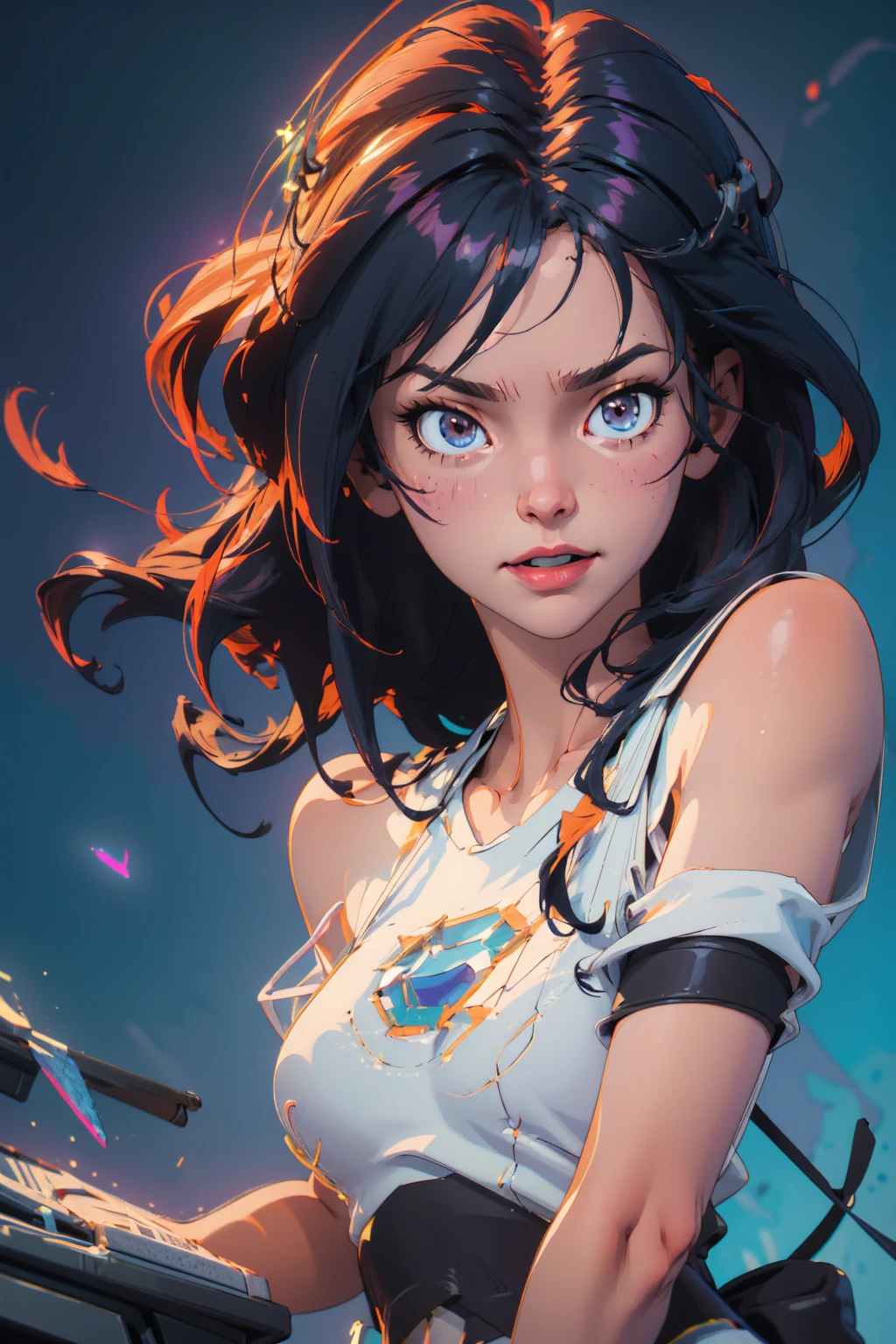 ((best quality)), ((masterpiece)), (detailed:1.4), 。.。.。.。.。.3d, Beautiful cyberpunk female character,nffsw(High Dynamic Range), Ray Tracing,nvidia RTX,Super Resolution,Unreal 5,Subsurface scattering,PBR Textures,Post-Processing,Anisotropic filtering,Depth of Field,Maximum clarity and crisp multi-layered textures, Albedo and Specular Maps,Surface Shading,MITSU - Accurate simulation of material interactions,Perfect proportion,Octane Rendering,Two-color light,Large aperture,Low ISO,White Balance,Three rules 、8K raw data、,Growth、Full of happy smiles、、、、Gasping face、Lack、After the attack、Tattered bridal outfits、Sweating all over、Excited expression,huge , Crazy breast swelling, Chest larger than shoulder blades, Big breasts and thin waist,(huge breasts:1.2),Hydrated skin((rogue))((非常huge乳房)),((Grooves reveal original skin))