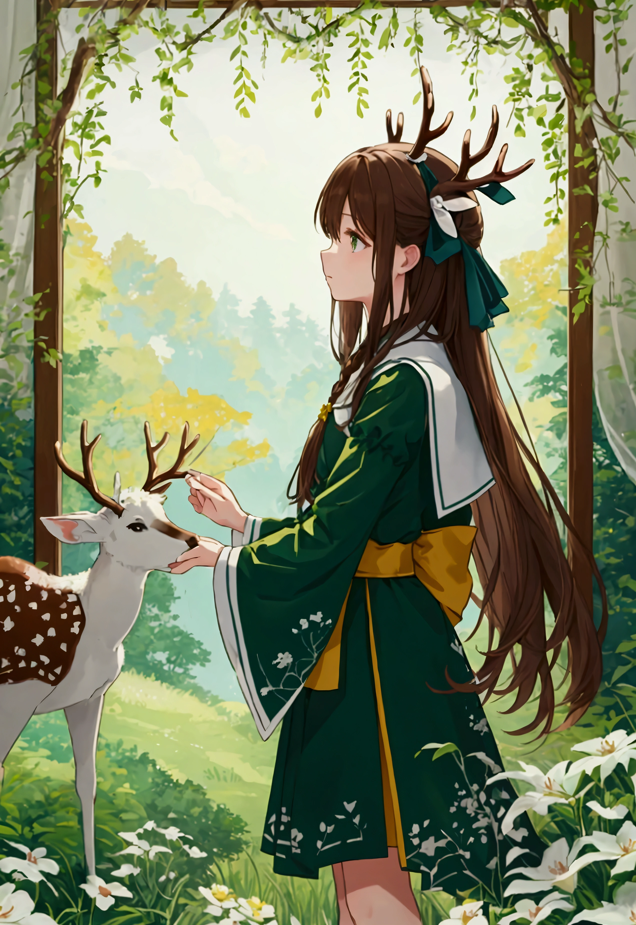 Dreaming Doe、Un l'air de tendre dans ses reves、Posture Marche、Green forest background::2 Colorful ink painting::2. Art Fantasy、high school girl、Brown Hair、Shortcuts、Deer antlers grow、Let's lean closer。