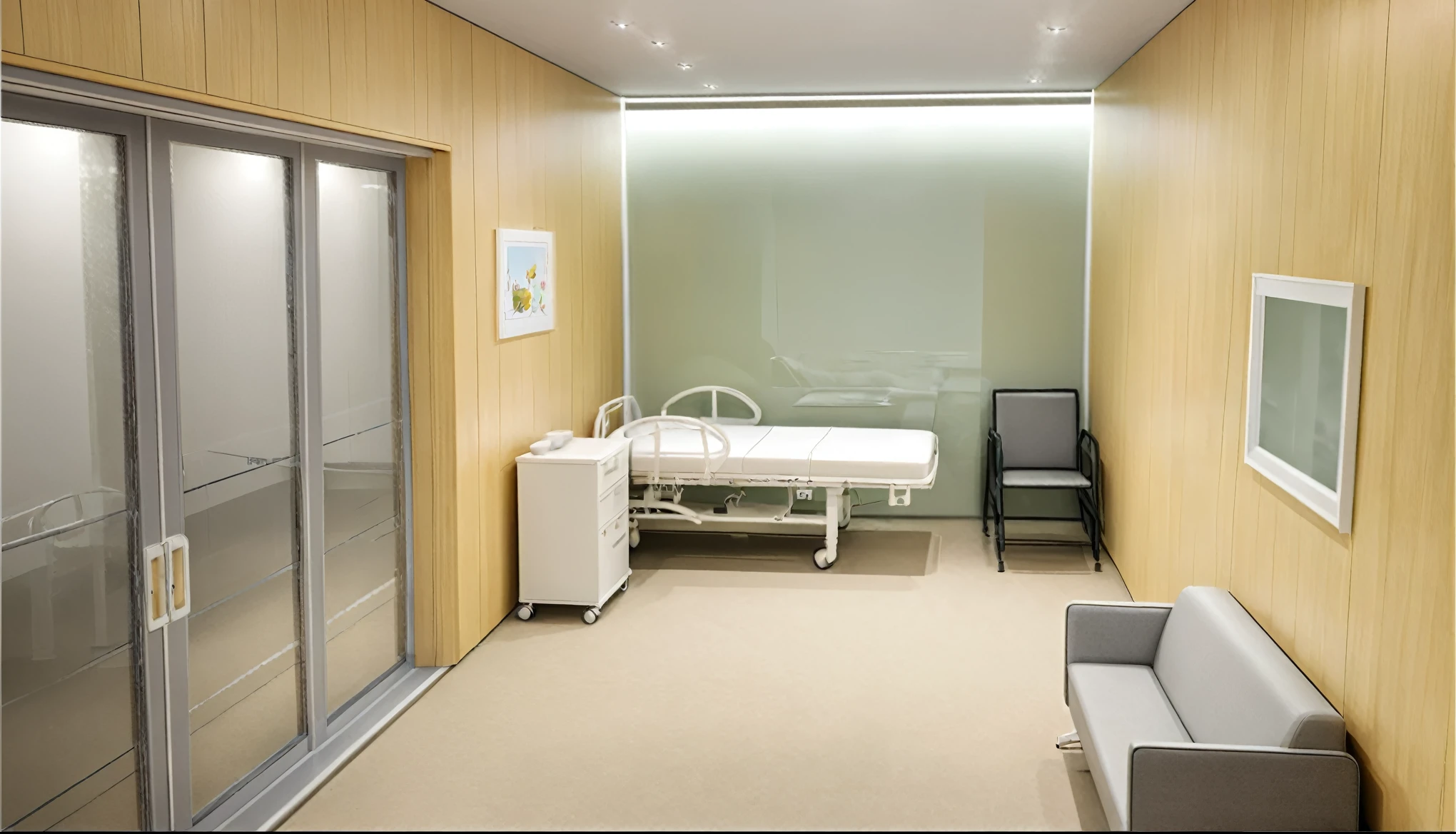 modern nurse room, interior room rendering,(daylight), vivid color, minimalist design, brigth grey tone, (large glass door:1.2), warm interior lighting, modern material, best quality, ultra realistic, masterpiece, 
