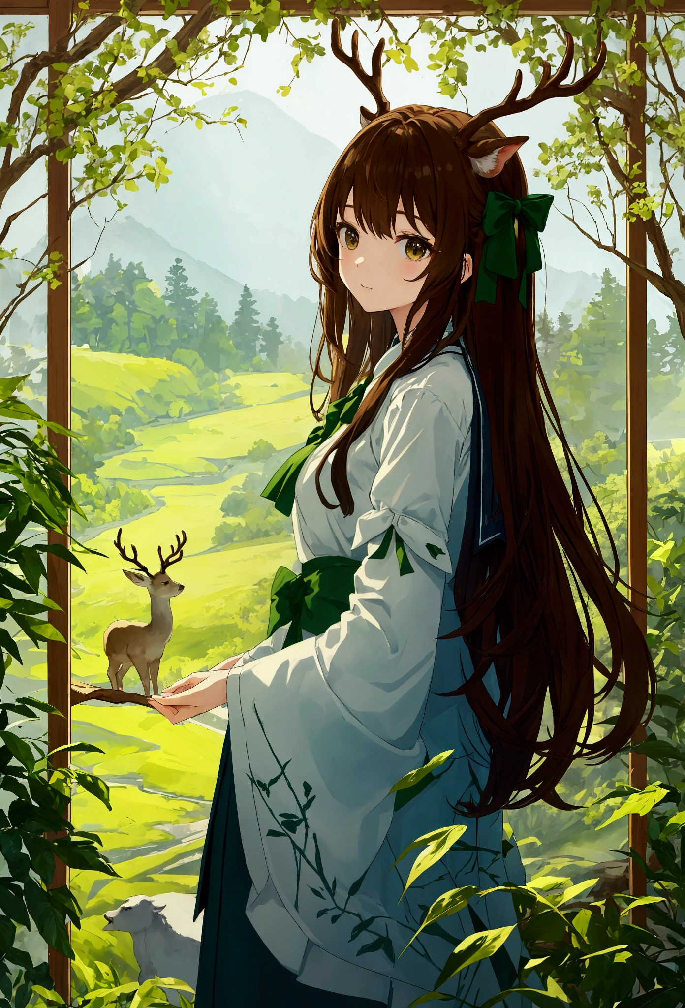 Dreaming Doe、Un l&#39;air de tendre dans ses reves、Posture Marche、Green forest background::2 Colorful ink painting::2. Art Fantasy、high school girl、Brown Hair、Shortcuts、Deer antlers grow、Let's lean closer。